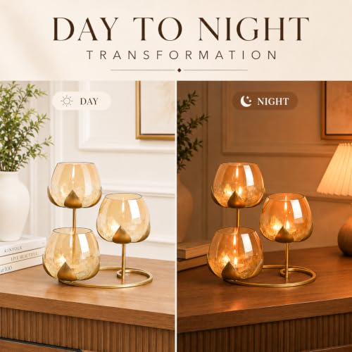 Image of MARKET 99 Metal + Glass 3 Votive Lotus T-Light Holder | Golden Decorative Candle Stand for Christmas, Diwali, Birthday & Wedding | Elegant Home Decor Tealight Holder for Festive Gifting