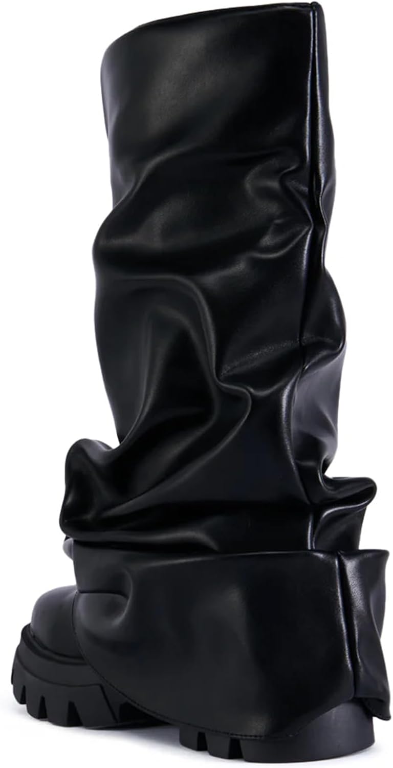 Yishaweiqi Slouched Ruched Fold Over Boots for Women Wide Calf Platform Chunky Heel Mid Calf Shark Boots - Image 7