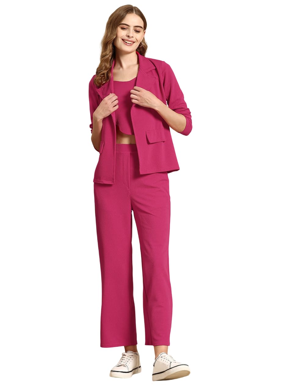 womendly Women’s 3 Piece Co-Ord Set with Cropped Single Breasted Blazer, Inner Top and High Waist Pants, Notch Collar, Lycra Fabric-picture-10
