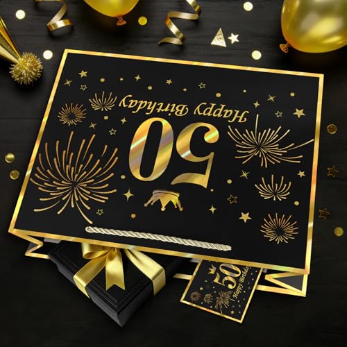 Image of JMANNI Black Gold 50th Birthday Gift Bag with Card and Tissue Paper, 12.6 inchx9.84 inchx3.9 inch Elegant Present Bag for Men Women, 50 Year Old Birthday Keepsake Party Supplies