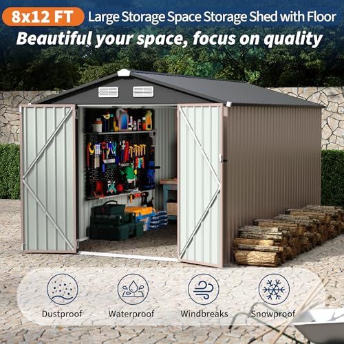 Outdoor Metal Sheds 8x12, Outdoor Storage Shed MetalGarden Tool Shed for Backyard, Metal Utility Sheds Buildings with Air Vent