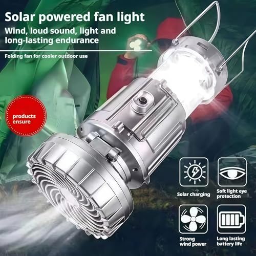 Solar Camping Lantern with Fan,Rechargeable Camping Fans Charging,Waterproof Camping Lantern Operated with Foldable Handle,Portable Outdoor LED Camping Lights,Gold - Image 3