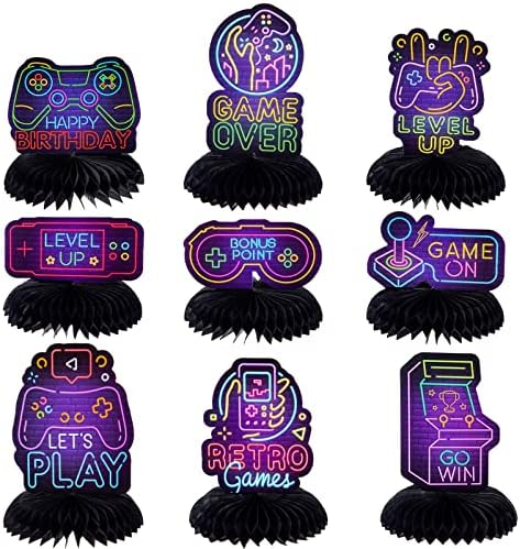 9 Pcs Neon Video Game Party Decorations Supplies Neon Video Game Honeycomb Table Centerpieces Cutouts for Video Game Birthday Baby Shower Theme Party Supplies
