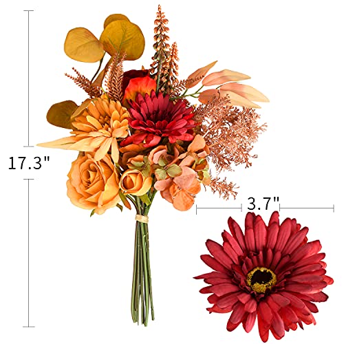 One Bundle Artificial Fall Flowers Fake Silk Roses Sunflowers Hydrangea, Bridal Bouquets For Home Party Baby Shower Wedding Christmas Decor,Orange-Red #TOP3