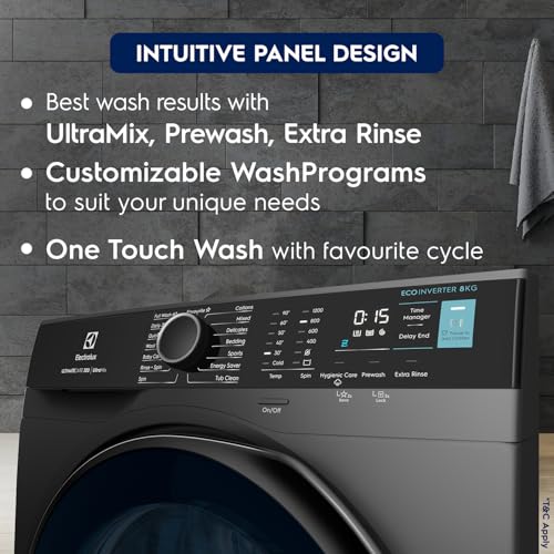 Image of Electrolux 8kg 5 Star Front Load Washing Machine, 3 Year Warranty, AutoSense Technology, Full Load Vapour Wash, Hygienic Care, Woolmark, EcoInverter Motor, UltimateCare 500, EWF8024R5SB, Dark Silver