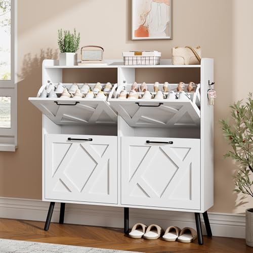 Image of Nicetree Shoe Cabinet with 4 Flip Drawers, Freestanding Shoe Organizer Cabinet with Metal Legs, Farmhouse Slim Shoe Rack Cabinet for Entryway, Foyer, Hallway, White
