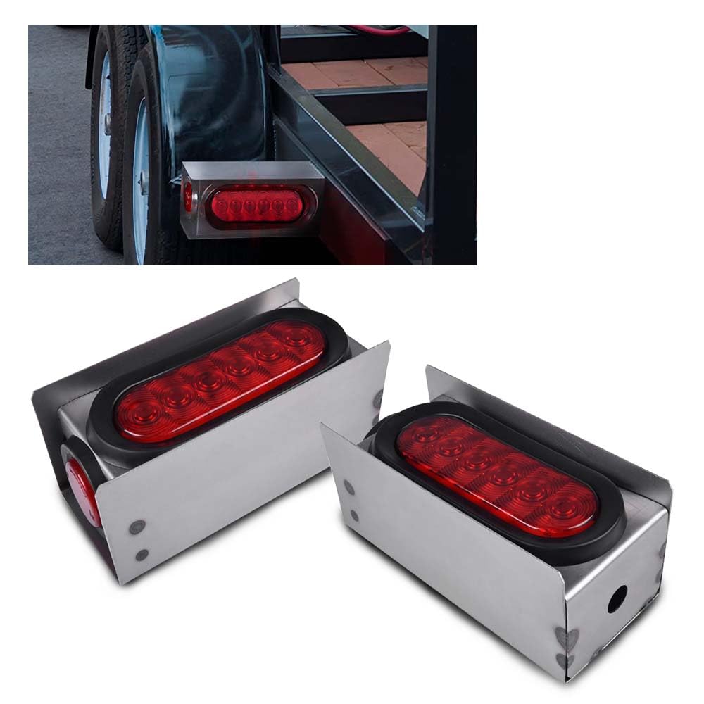 PIT66 Trailer Tail Lights Rear Lamps Assembly Steel Boxes Housing Kit w/6Inch Oval Red LED Trailer Tail Lights 2 Inch Round Red LED Side Marker Lights 2 Pack