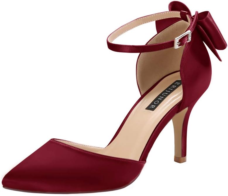 ERIJUNOR Wedding Evening Party Shoes Comfortable Mid Heels Pumps with Bow Knot Ankle Strap Wide Width Satin Shoes