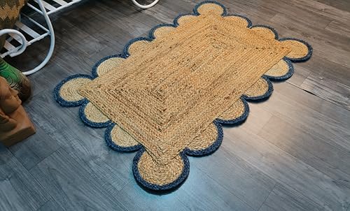 Natural Tan and Navy Blue Trim Jute Area Rug 3x5