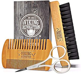 Viking Revolution Beard Comb & Beard Brush Set for Men - Natural Boar Bristle Brush and Dual Action Pear Wood Comb w/Velvet Travel Pouch - Great for Grooming Beards and Mustaches