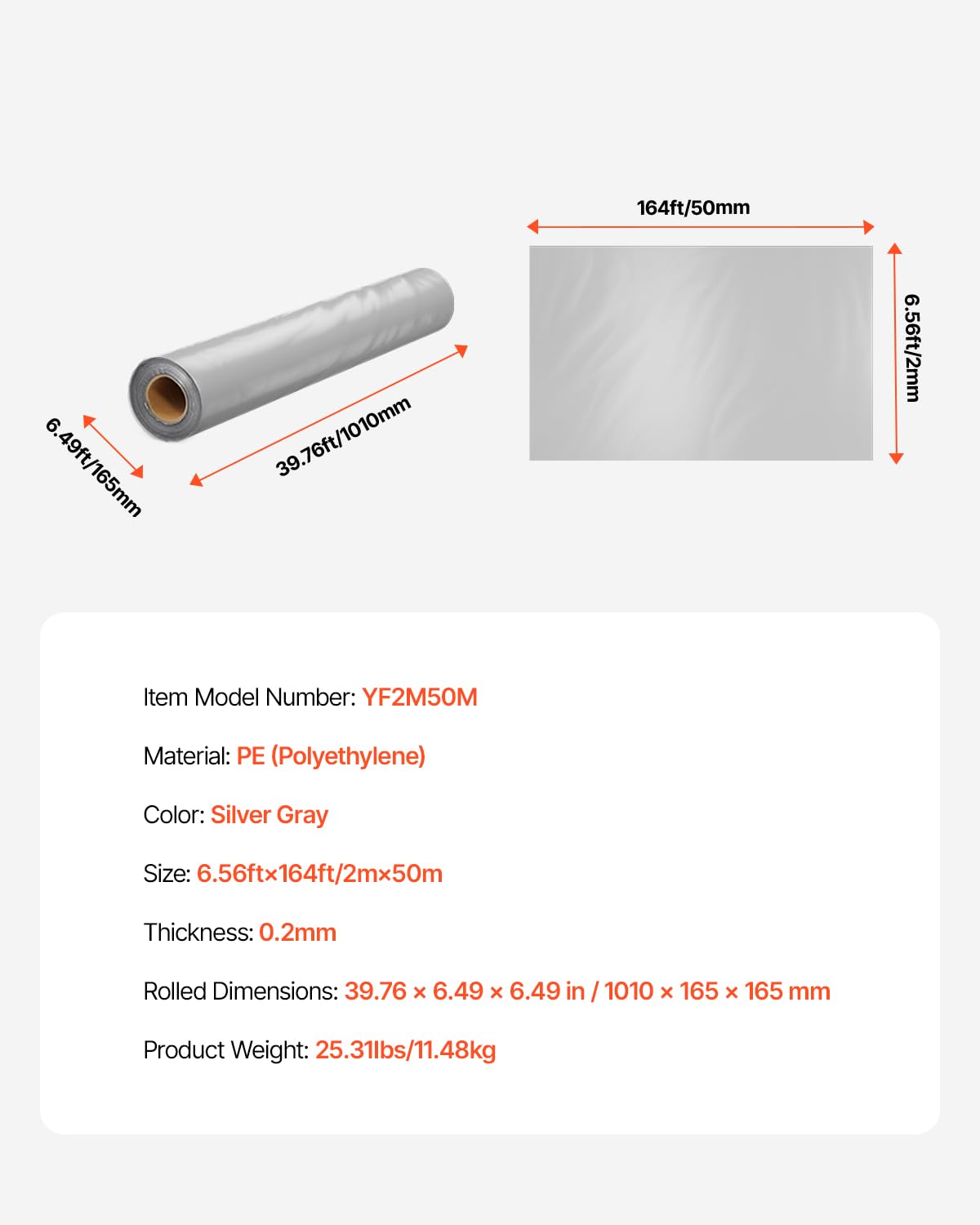 VEVOR Telo di Plastica 0,2 mm, 2 m x 50 m Barriera al Vapore per Intercapedine, Rotolo di Telo in Polietilene per Giardino ad Alta Resistenza, Telo per Pittori Fornitura di Plastica Agricola Grigio