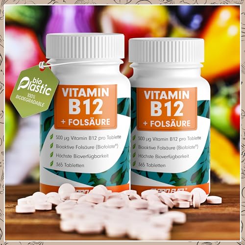 VITAMIN B12 hochdosiert - 365 Tabletten mit 500 µg Vit B12 + 200 µg Biofolate® Folsäure - Methylcobalamin, Adenosylcobalamin & Hydroxocobalamin Vitamin B12 - laborgeprüft mit Zertifikat - 100% vegan