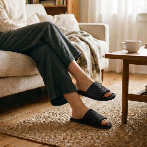 Image of Women's Open Toe House Slippers - Breathable Waffle Fabric, Memory Foam Cushioning, Slip-On Summer Indoor Slippers, Non-Slip TPR Sole, Easy Care