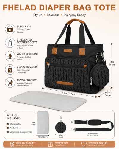 Image of FHELAD Diaper Bag Tote for Women, Baby Diaper Bag 16L (Obsidian Black) | 5 Insulated Pockets, Changing Pad, Pacifier Case, Stroller Clip, 15.6 Inch Laptop Compartment, Detachable Shoulder Strap