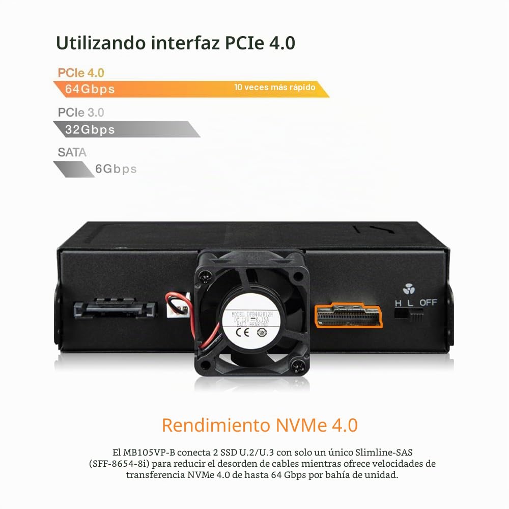 ICY DOCK ToughArmor MB105VP-B, Estante removible metálico 2 x 2,5" SSD NVMe U.2/U.3 SlimSAS (SFF-8654 8i) pinout definido por SFF - 9402 Rev 1.1, PCIe 4.0, para bahía de Unidad de 5,25"