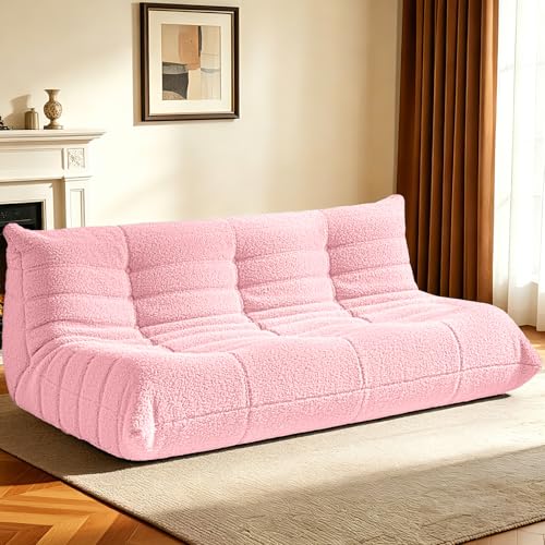 Image of HABUTWAY Bean Bag Chairs Fireside Lazy Floor Sofa,3 Seater,Pink | Soft Teddy Fleece 3 Seater Sofa with High-Resilience Foam Filling，Beanbag for Living Room, Bedroom, Office