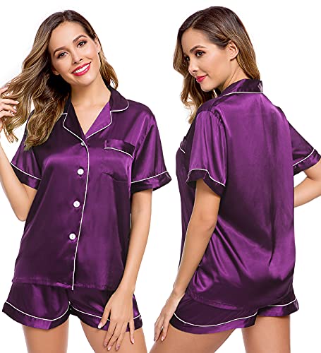 Image of LecGee Womens Silk Satin Pajamas Short Sleeve Loungewear Two-Piece Sleepwear Button-Down Pj Set