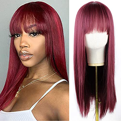 Nuyoah Red Long Straight Synthetic Wigs with Bangs for Women Burgundy Wine Red Color Natural Soft Daily Wigs Heat Resistant Fiber 18 inches
