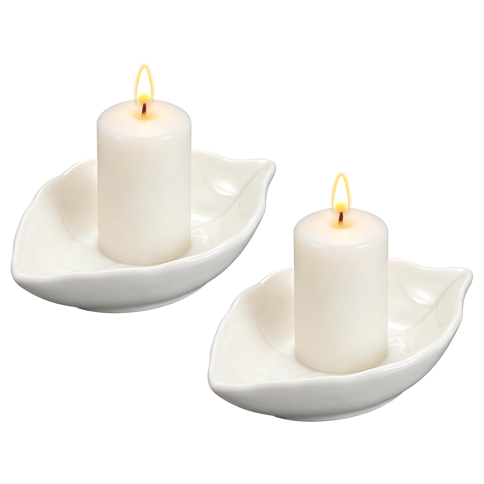 sourcing map 2Pcs Ceramic Candle Holder Plates, 4.3 x 3'' Leaf Shaped Candlestick Holder Decorative Dish Small Candle Plate for Tea Light Aromatherapy Wedding Rustic Vintage Home, White