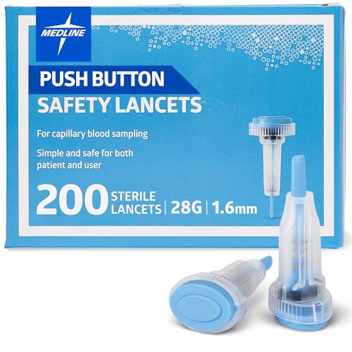 Image of Medline Sterile Safety Lancets, Push-Button Activation, Blood Glucose Testing, Controlled Penetration, 28G x 1.6 mm, 200 Count