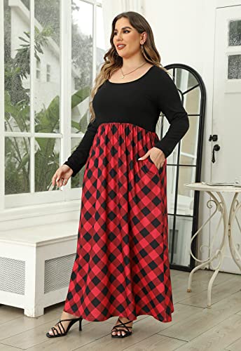 Image of Nemidor Women Plus Size Casual Maxi Dress Long Fall Pockets | Size 14-26 plus, elastic waist, long sleeve, round neck, loose, boho, curvy, winter, wedding, daily, vacation, work, holiday
