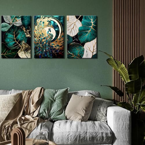 VVL 3pcs Emerald Green And Gold Wall Art Modern Abstract Gorgeous Peacock Canvas Paintings Prints Wall Decor for Living Room Bedroom Office Home Decoration