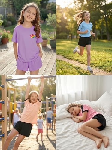 Image of SELINK Girls Travel Outfits Set Rainbow Striped Two Piece Lounge Sets Casual Sweat Tracksuit Matching Runner Shorts
