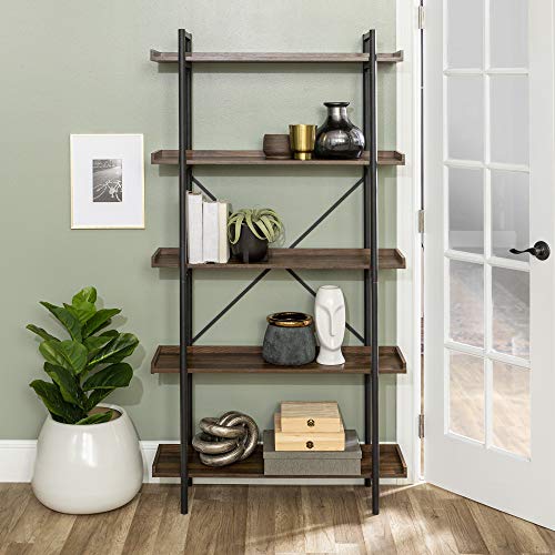 Walker Edison 5 Shelf Industrial Wood Metal Bookcase Tall Bookshelf Storage Home Office, 68 Inch, Dark Walnut - Image 3