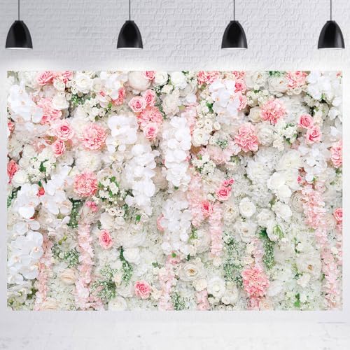 LTDKAEN 7×5Ft White Pink Floral Wall Backdrop Rose Flowers Wedding Bridal Shower Valentines Day Ceremony Party Decoration