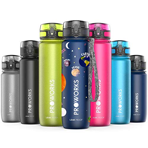 Proworks Botella de Agua a Prueba de Fugas | Botella Deportiva Ideal para Correr, Ciclismo, Senderismo y Más | Botella de Plástico Tritan sin BPA – 0,5 litros (18oz) - Planetas