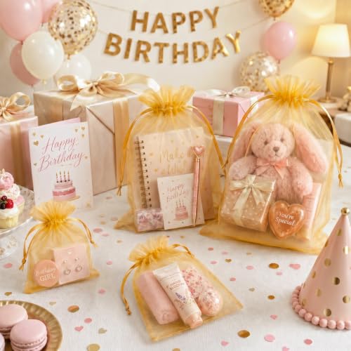 Image of FUNFERY 100PCS Gold Organza Gift Bags 5x7in,Drawstring Pouch for Jewelry