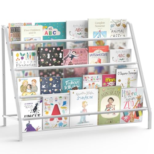 High-Transparent 4 Tier Kids Bookshelf, Sturdy Metal Large Size Book Rack Storage for Kids – Toddler Book Shelf Display for Nurasery, Kids Room, Deep Size Bookshelf Hold More Books