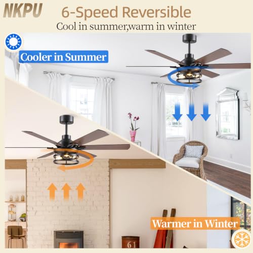 Image of NKPU 52 Inch Farmhouse Ceiling Fan with Light and Remote, Brown Industrial Caged Rustic Ceiling Fan with 6 Speed