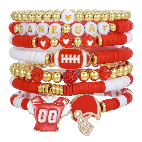 Game Day Bracelets for Women Football Party Favors Bracelets Heishi Clay Beaded Stretch Friendship Bracelets for Women Stackable Sports Football Mom Accessories Outfits Preppy Jewelry Gifts - Main Image