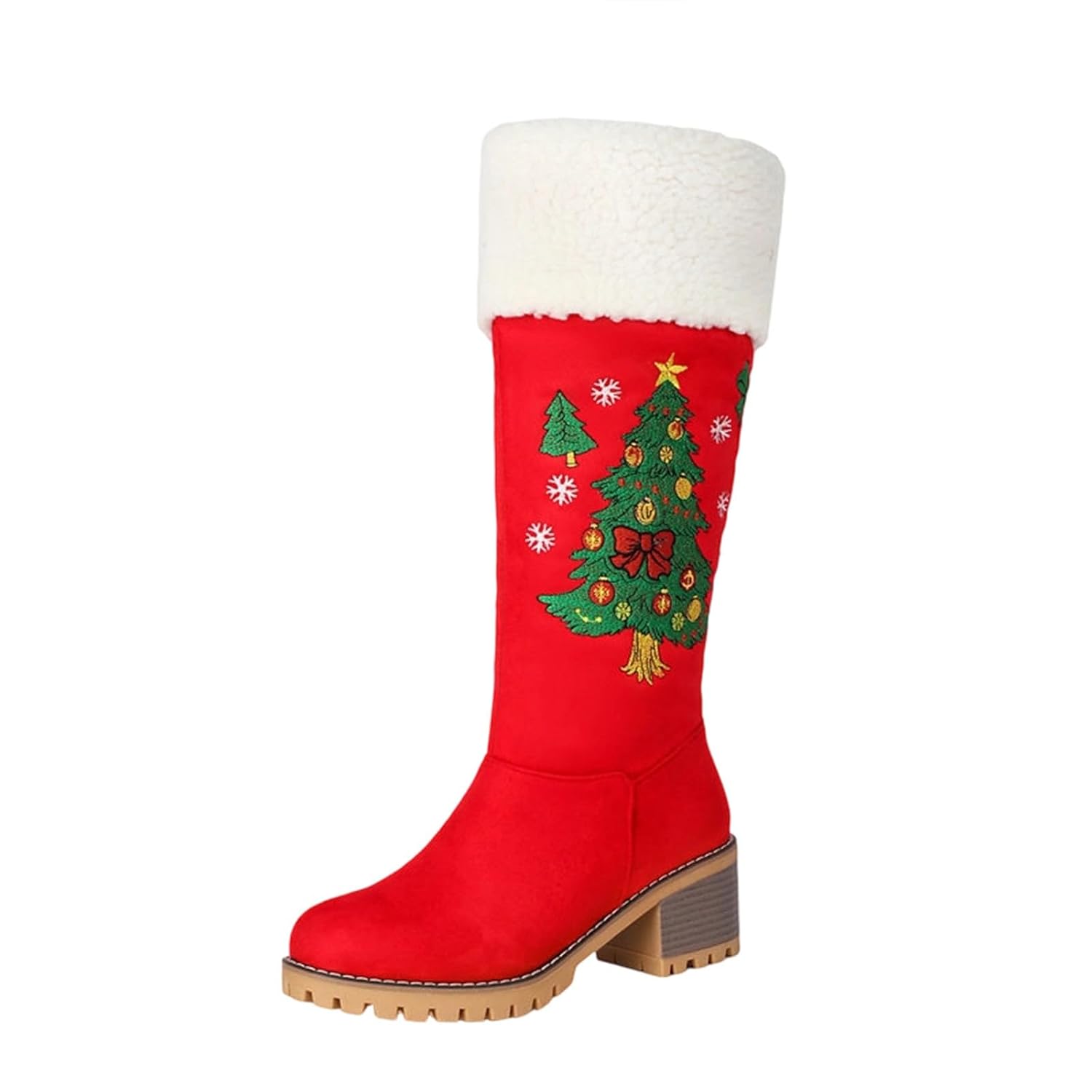 Sweet Furry Christmas Ankle Boots Chunky Heel Snow Booties with Fur Trim Side Zipper Outdoor Shoes Santa Costume