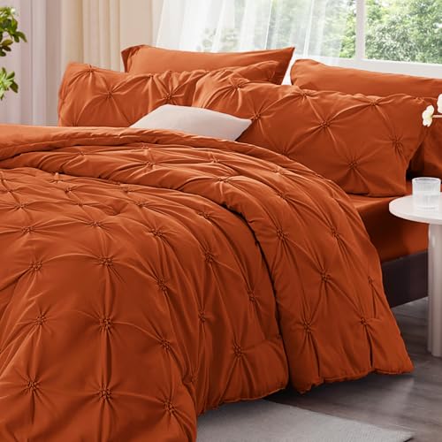 Image of BEDELITE Queen Comforter Set Burnt Orange,Lightweight & Soft Comforter | Pintuck Boho Bedding, Warm & Cute Bed Set for All Season,With 2 Pillowcases