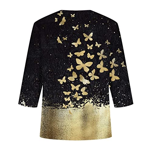 Camiseta gráfica feminina outono verão manga 3/4 2023 gola redonda gola canoa abotoada blusa brunch