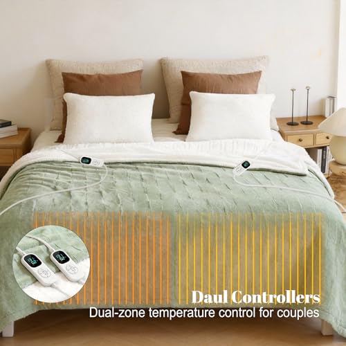 Image of IUUI Heated Blanket Electric King Dual Controller- 90x100 Inches Soft Flannel Heating Blanket,Fast Heating Blanket 6 Heating Levels & 2 Hours Auto Off ETL Certification(Sage Green, King 90 inch x 100 inch)