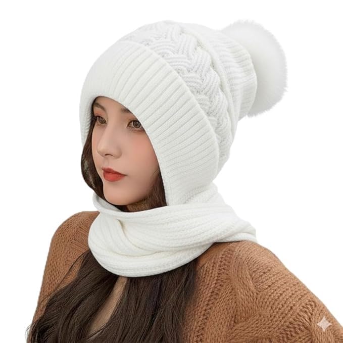 Women's Knitted Hat Winter Plush Velvet Warm Woolen Cap Neck Scarf | Twist Color Fuzzy Slouchy Beanie Monkey Cap with Muffler for Ski Hiking Outdoor Girls & Ladies