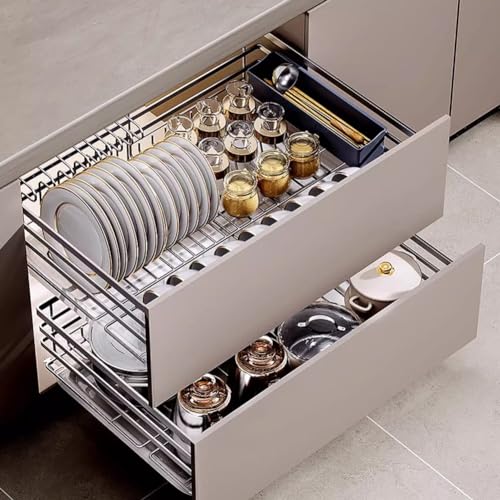 Kitchen Sliding Cabinet Organizer, Stainless Steel Drawer Storage Organizer Wire Basket for Cupboard Cabinet with Damping Guide and Drain Pan