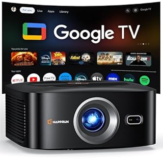 1500 ANSI Official Licensed Google TV Smart Projector, HAPPRUN 4K Full HD Home Theater with Auto Focus, Dolby Sound, Wi-Fi Bluetooth, Built-in Apps, Compatible with Phone & PC, Indoor & Outdoor Use