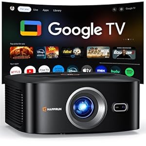 1500 ANSI Official Licensed Google TV Smart Projector, HAPPRUN 4K Full HD Home Theater with Auto Focus, Dolby Sound, Wi-Fi Bluetooth, Built-in Apps, Compatible with Phone & PC, Indoor & Outdoor Use