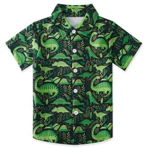 uideazone 3 Years Boys Green Dinosaur Shirts Colors Aloha Hawaiian Soft Button Down Summer Hawaiian Party Shirt for Birthday Party Wear 3-4T