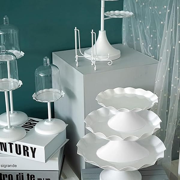 3 Pcs Metal Cake Stand Set, Scalloped Edge Cupcake Tray Dessert Display Platter, Decorative Serving Stand for Wedding, Birthday, Tea Party,Baby Show (White) by CBBZJY - Used condition - Image 6