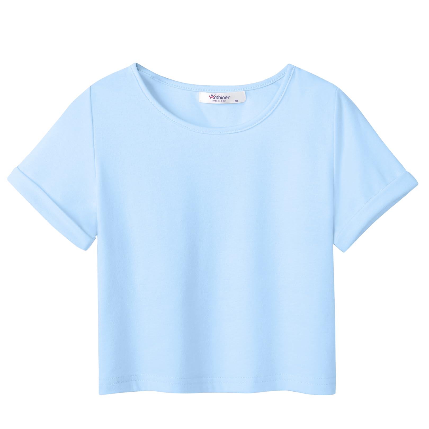 Girls Crop Tops Short Sleeve Summer T Shirt Rolled Cuffs Tee