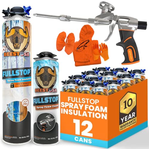 BEEST FullStop Spray Foam Insulation Kit for Walls and Attic - 240 Board ft/sq.ft. Perfect Heat & Acoustic Insulation for Reduced Energy Bills - 12x Spray Foam Can, 1 Cleaner, Pro X Gun & Safety Gear