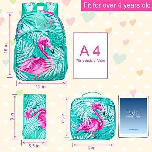 Agsdon 3Pcs Kids Backpacks For Girls, 16" Little Kid Flamingo Sequin Preschool School Bookbags And Lunch Box #TOP3