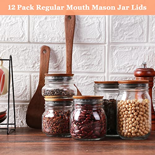 12Pack Regular Mouth Mason Jar Lids Acacia Wooden Storage Canning Jar Lids Ball Jars Wooden Lids With Airtight Silicone Seal, Brown #TOP1
