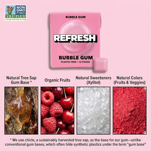 Image of Refresh Plant Based Gum, Sugar Free, Xylitol, 12 Pcs, 6 Pack (Bubble Gum)