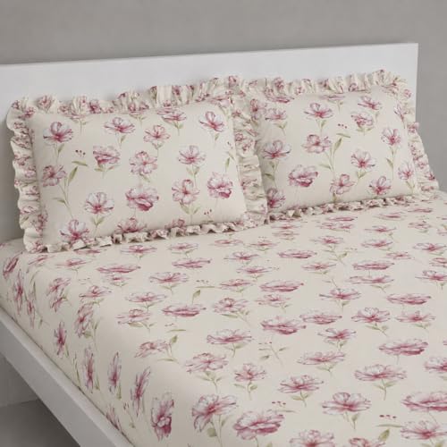 Image of VOMZER King Size (72x78) 300 TC Soft Cotton Feel Microfiber All Around Elastic Fitted Double Bedsheet with 2 Frill Pillow Covers | Rose Pink